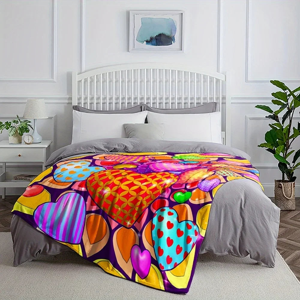 1pc Valentine's Day Heart Pattern Flannel Blanket - Soft & Comfortable Retro Style, Vibrant Multi-Color Hearts, All-Season
