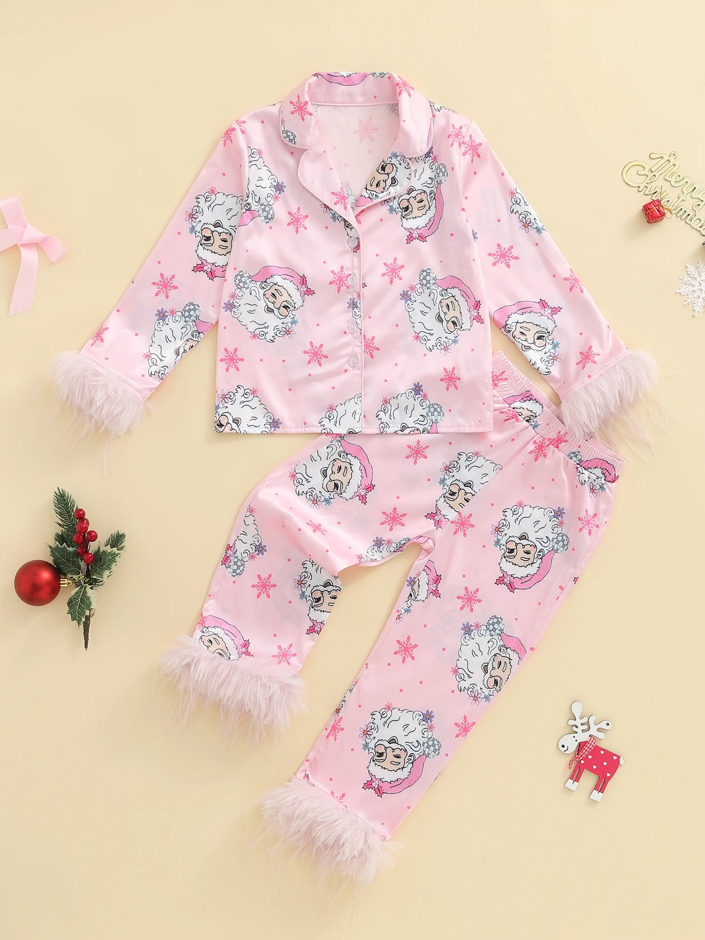 Matching Family Christmas Pajamas Set with Santa Print Button Down Long Sleeve Lapel Tops and Pants for Mommy and Me Sleepwear