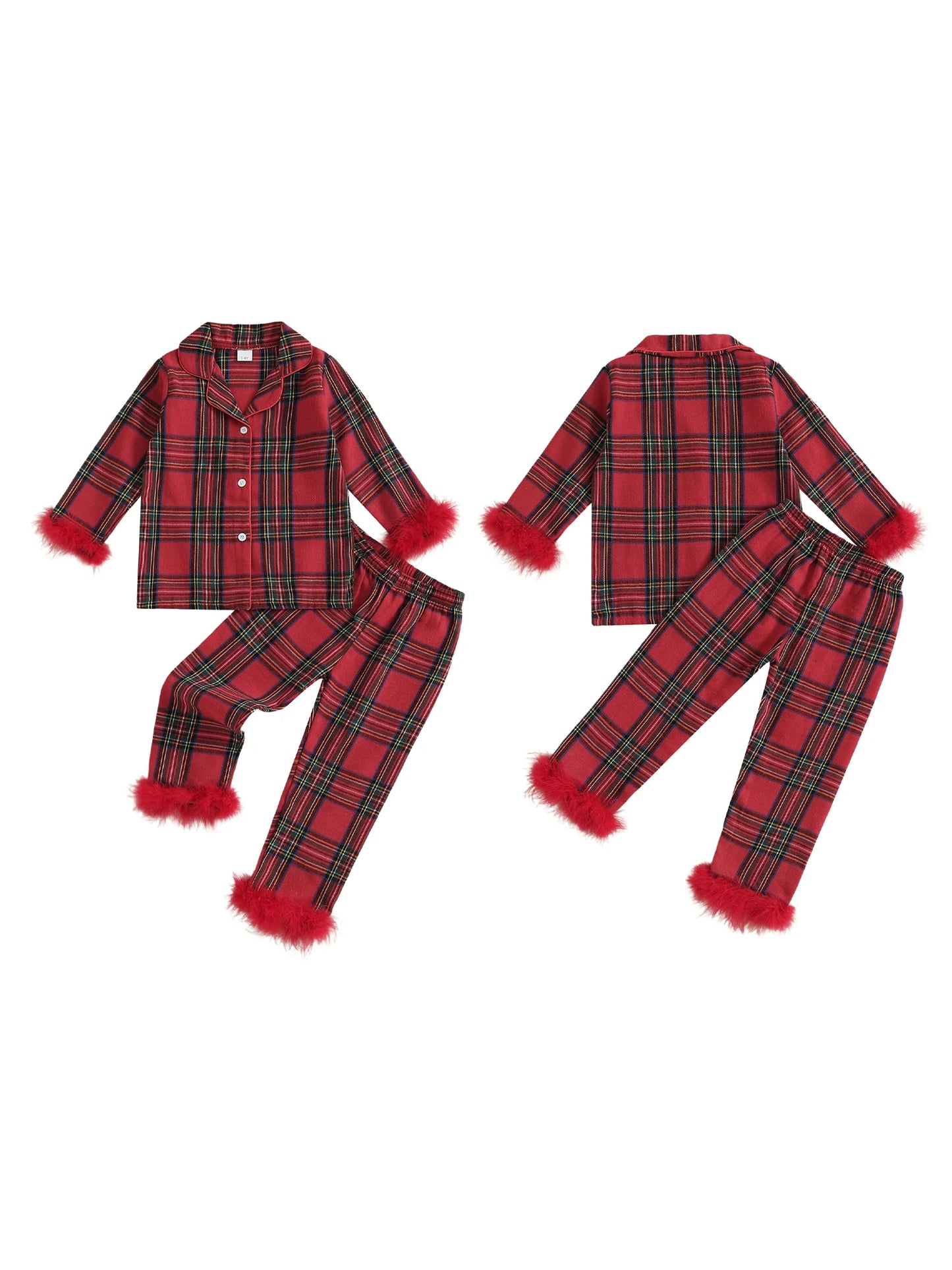 Cute Toddler Winter Plaid Pajama Set with Cozy Faux Fur Trim Long Sleeve Top and Elastic Waist Pants for Girls 2 Piece