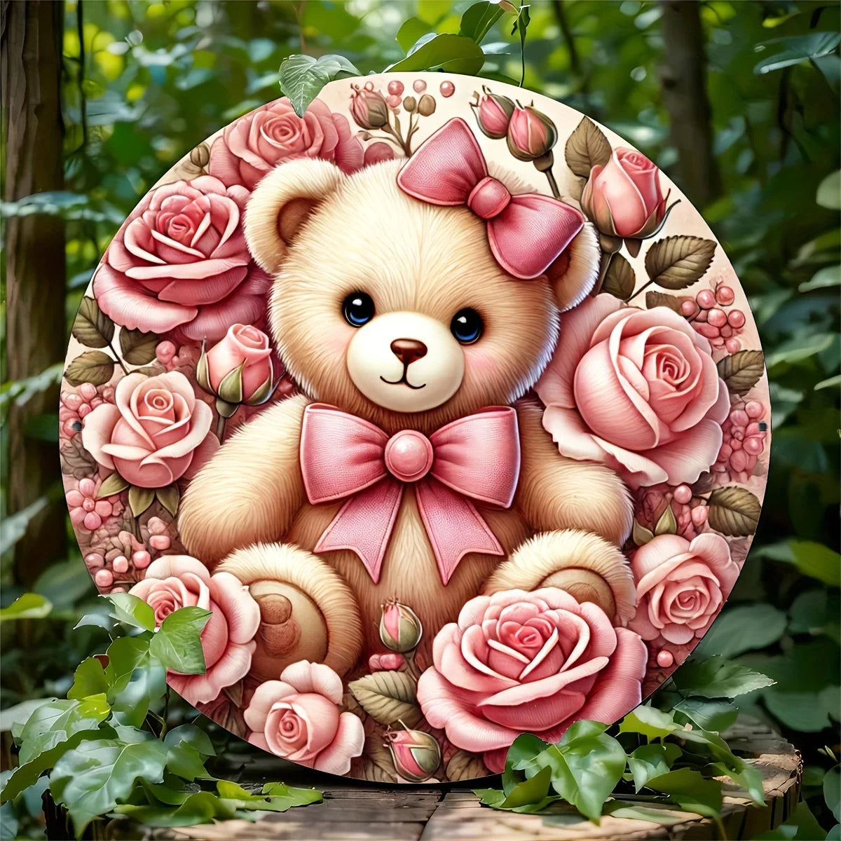 "Aluminum Foil Engraving Art Teddy Bear with Roses Wall Sign - Romantic Valentine's Day Home Decor Plaque with Floral Wreath"