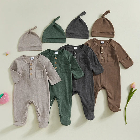 2024-11-28 Lioraitiin Newborn Baby Boys Outfits Long Sleeve Solid Color Button Front Jumpsuit with Hat Set Clothes
