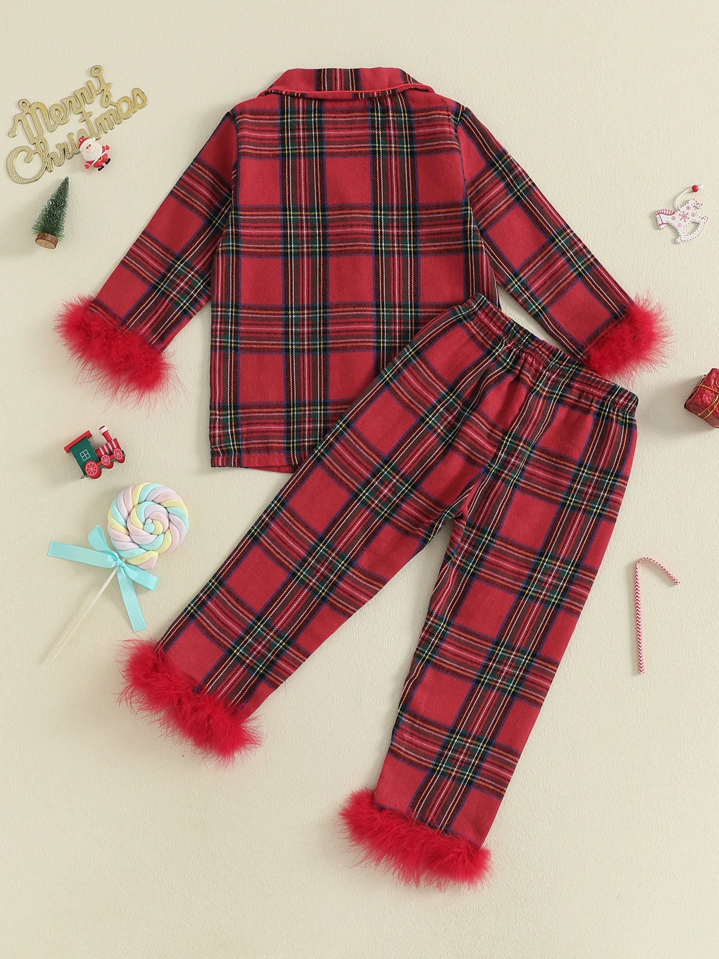 Cute Toddler Winter Plaid Pajama Set with Cozy Faux Fur Trim Long Sleeve Top and Elastic Waist Pants for Girls 2 Piece