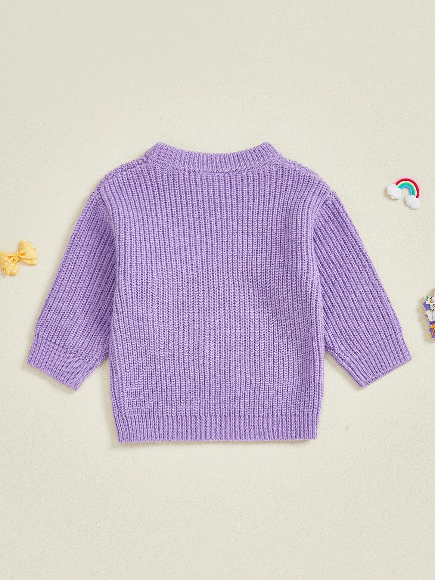 Mardi Gras Toddler Girl Sweater with Embroidered Bow Detail Crew Neck Long Sleeves and Chunky Knit Design for Cozy Style