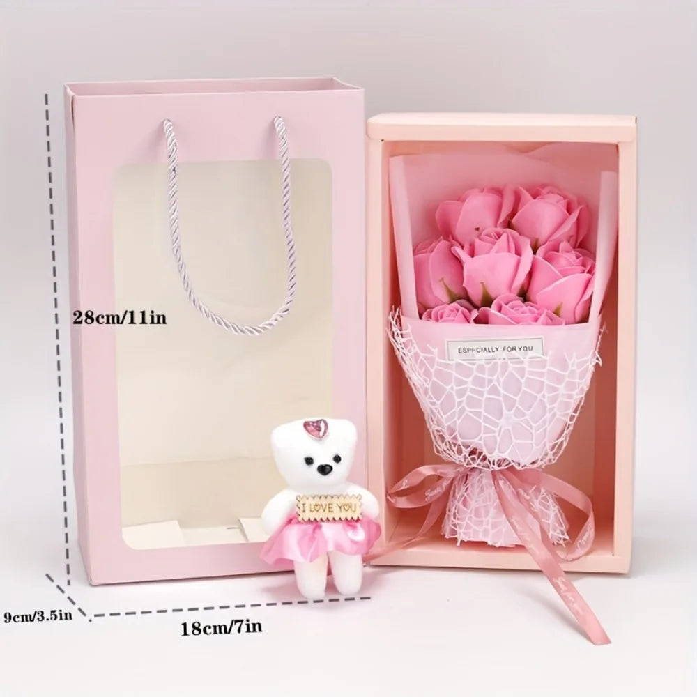 Valentine's Day Artificial Rose Bouquet Gift Box with Teddy Bear - Soap Flower Roses for Mother's Day, Christmas