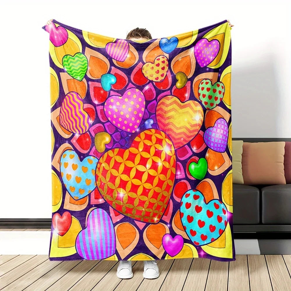 1pc Valentine's Day Heart Pattern Flannel Blanket - Soft & Comfortable Retro Style, Vibrant Multi-Color Hearts, All-Season