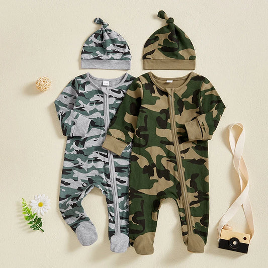 2024-11-21 Lioraitiin 0-6M Baby Boys Footies Rompers Camouflage Round Neck Long Sleeve Infant Clothes Jumpsuits with Hat