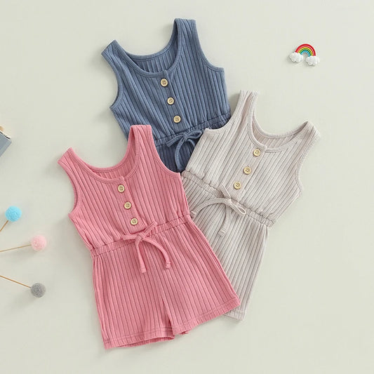 2023-05-05 Lioraitiin 0-4Years Toddler Baby Girls Boys Playsuit Solid Crew Neck Sleeveless Jumpsuits Summer Clothes Romper