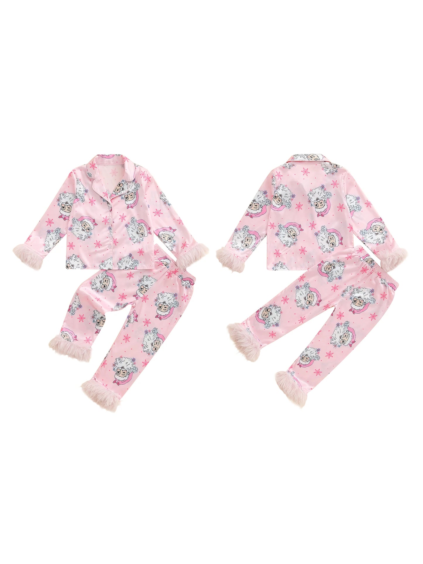 Matching Family Christmas Pajamas Set with Santa Print Button Down Long Sleeve Lapel Tops and Pants for Mommy and Me Sleepwear