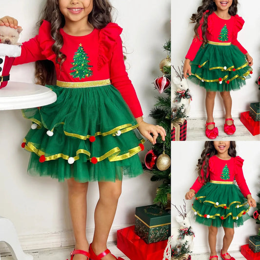 Little Girls Easter Dress Kids Children Girls Dress Christmas Long Sleeve Cartoon Snowman Tree Prints Dress Little Girls Size 4t