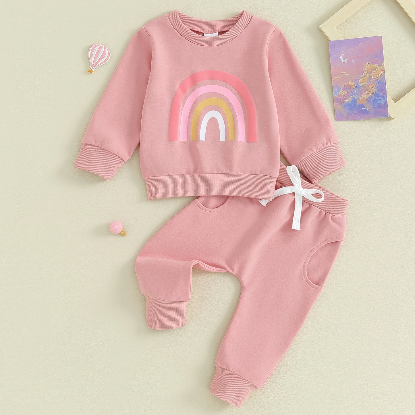 Citgeett Spring Toddler Baby Girls Fall Outfits Long Sleeve Rainbow Print Sweatshirt + Pants Clothes Autumn Set