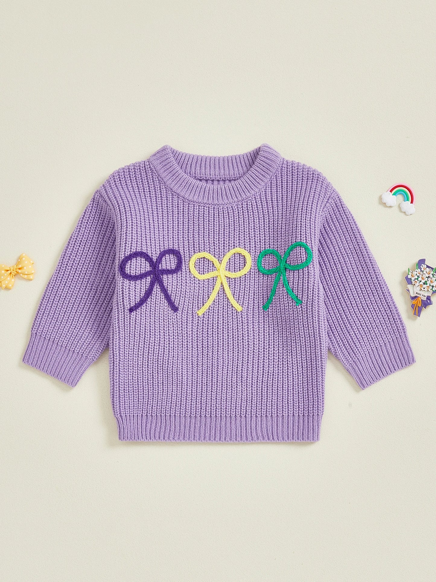 Mardi Gras Toddler Girl Sweater with Embroidered Bow Detail Crew Neck Long Sleeves and Chunky Knit Design for Cozy Style