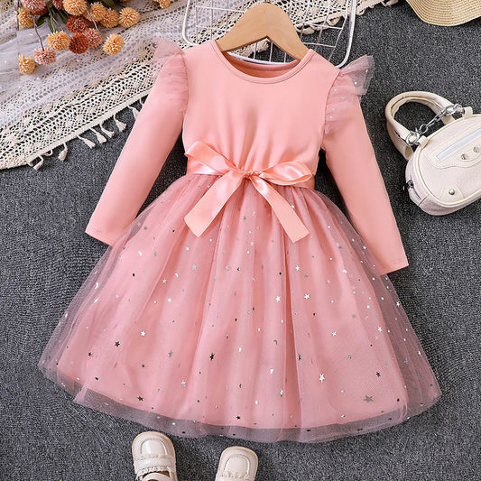Girls Elegant Dresses Toddler Baby Girl Long Sleeve Sequin Design Tulle Bow Dress Christmas New Year Winter Party Girls Dresses