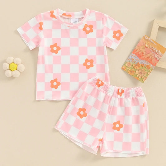 Lioraitiin Summer Kids Girls Clothing Sets Floral Checkerboard Print Short Sleeve O-neck T-shirts+Elastic Waist Shorts Tracksuit