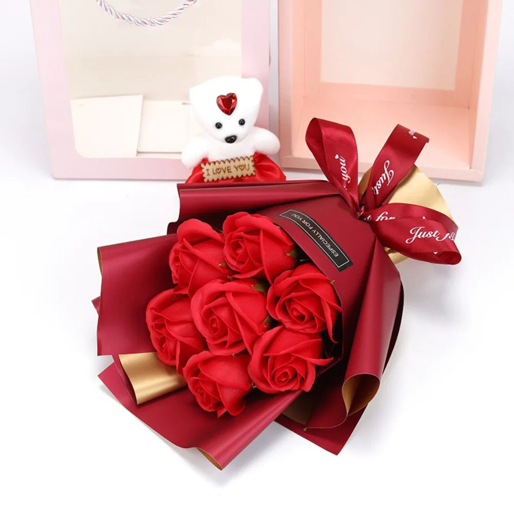 Valentine's Day Artificial Rose Bouquet Gift Box with Teddy Bear - Soap Flower Roses for Mother's Day, Christmas