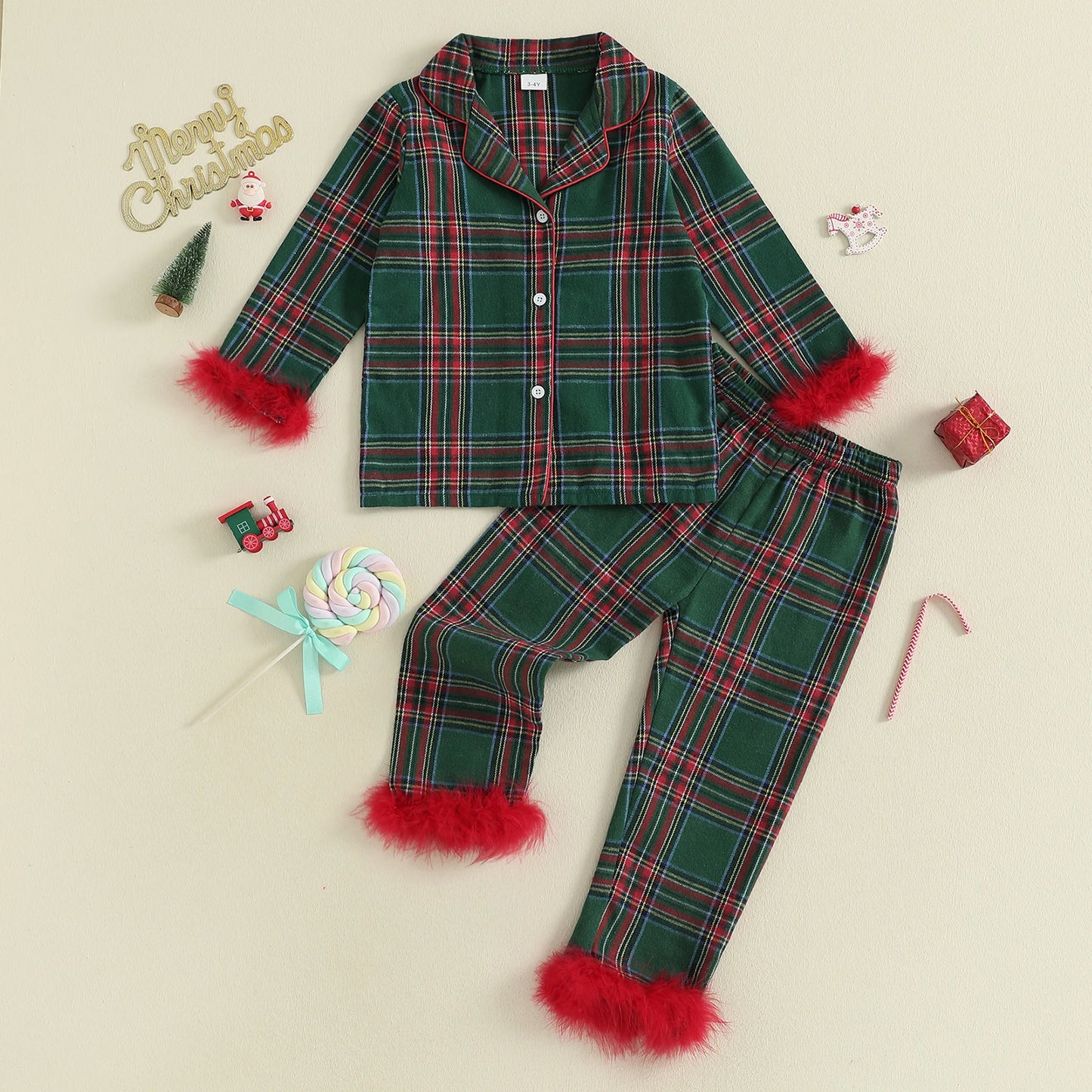 Cute Toddler Winter Plaid Pajama Set with Cozy Faux Fur Trim Long Sleeve Top and Elastic Waist Pants for Girls 2 Piece