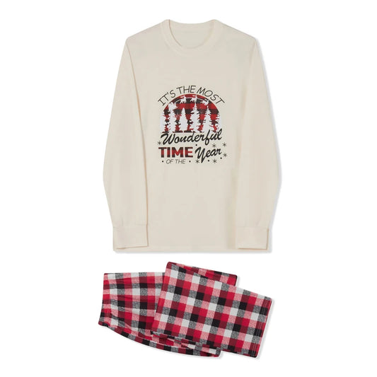 Christmas Family Matching Pajamas Set Long Sleeve Letter Print Tops and Plaid Pants Sleepwear Outfits for Adults and Kids
