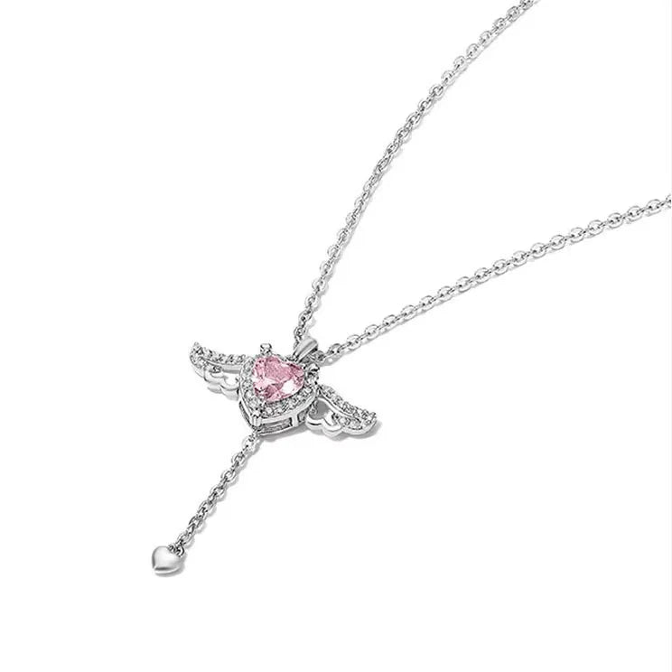 Moving Cupid Heart Angel Wings Tassel Necklace With Crystal Clavicle Chain Women Jewelry Gift Valentine's Day