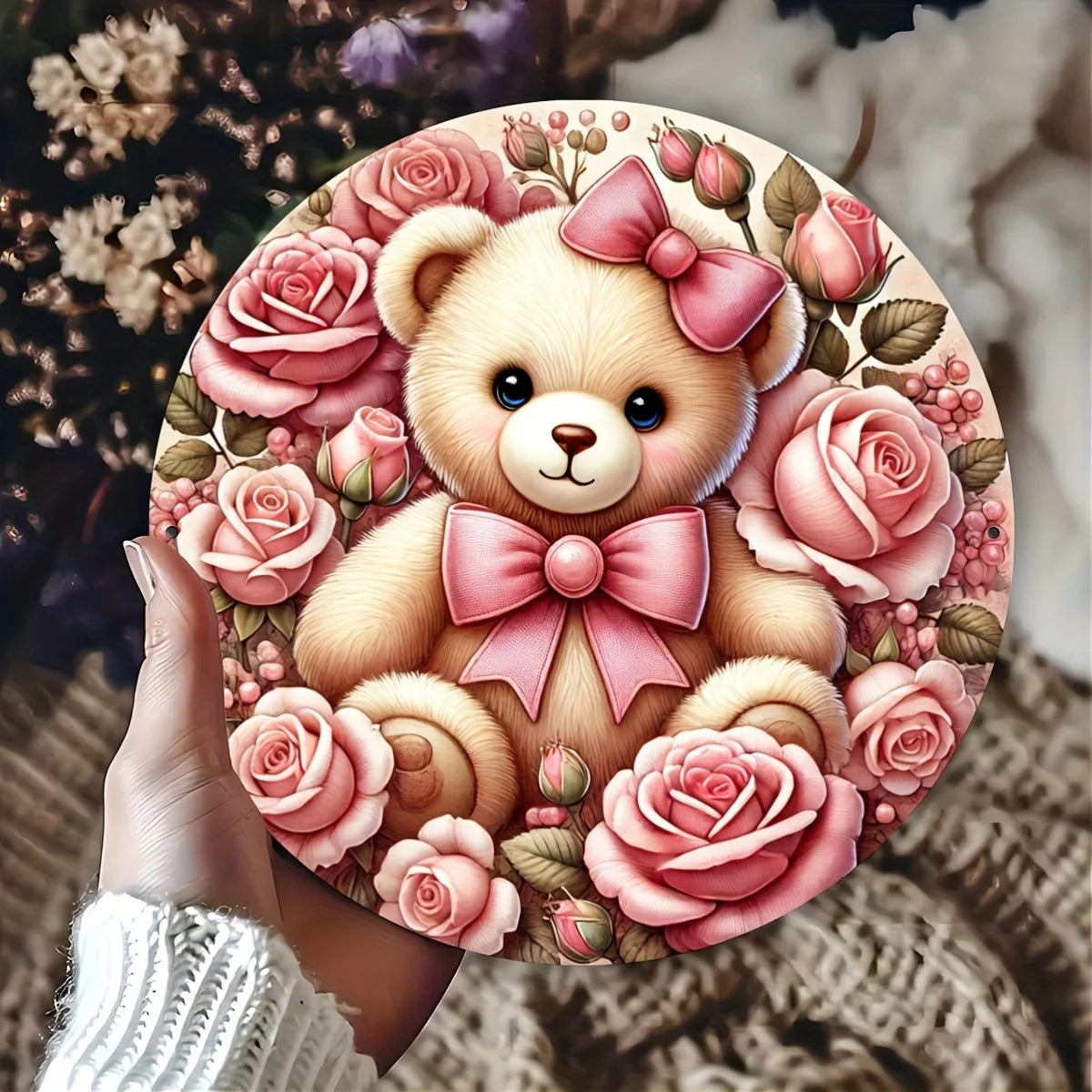 "Aluminum Foil Engraving Art Teddy Bear with Roses Wall Sign - Romantic Valentine's Day Home Decor Plaque with Floral Wreath"