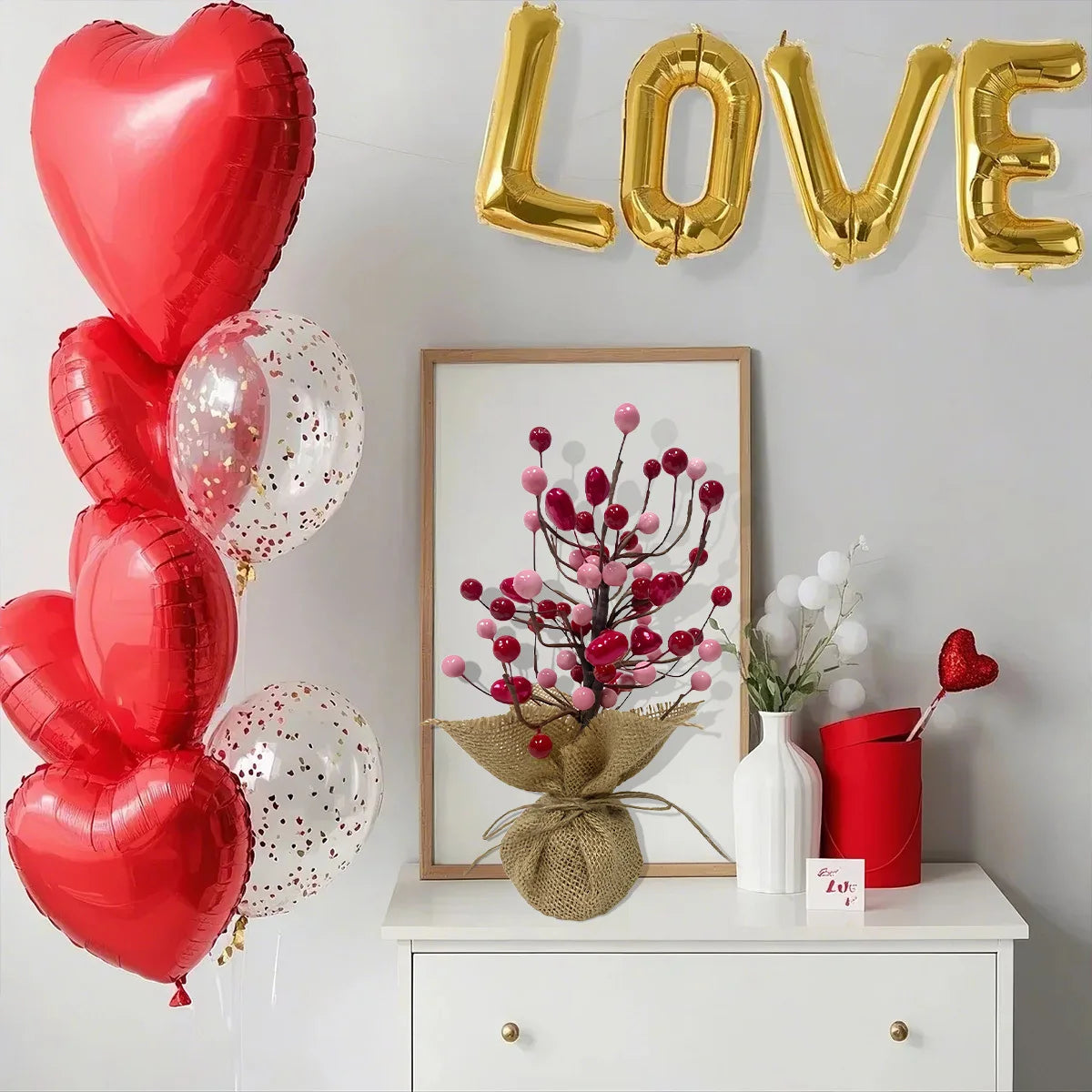 9in Valentine's Day Red Berries Tree with Burlap Base, Decorative Berries Tree Table Centerpiece for Valentine's Day