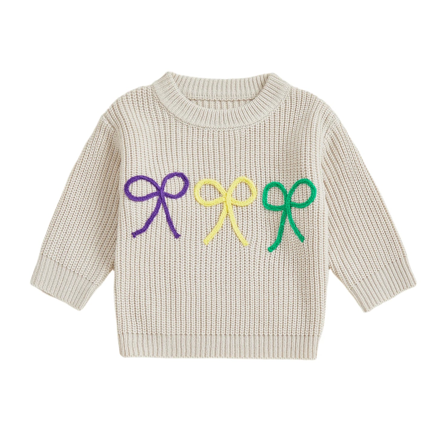 Mardi Gras Toddler Girl Sweater with Embroidered Bow Detail Crew Neck Long Sleeves and Chunky Knit Design for Cozy Style