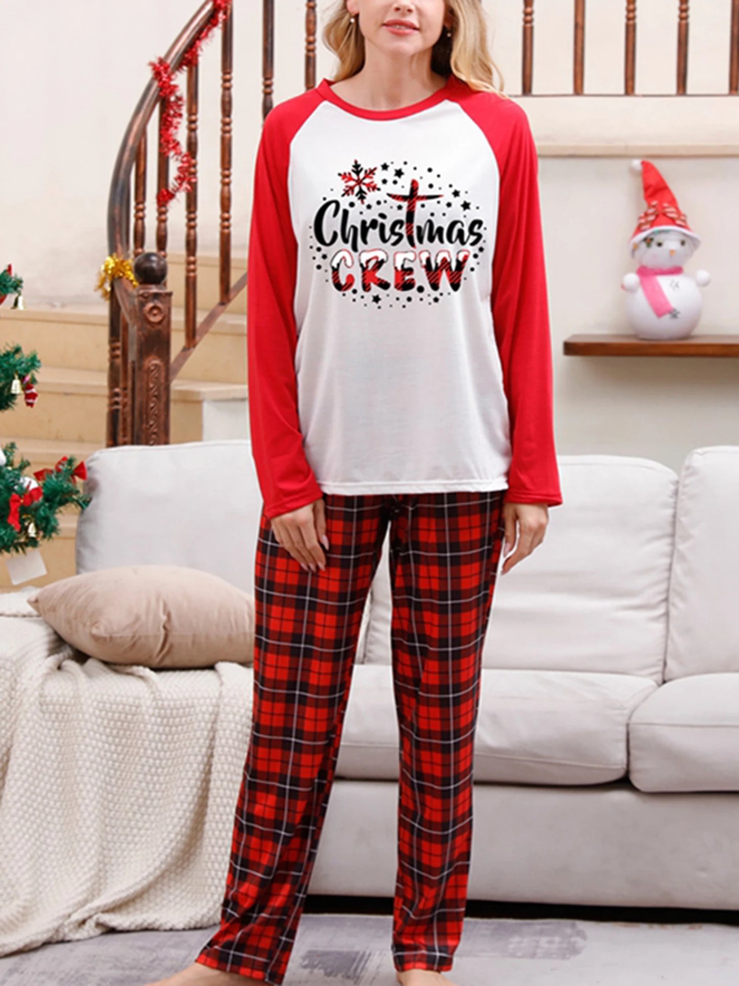 Christmas Family Matching Pajamas Set Long Sleeve Letter Print T-shirt with Plaid Pants Sleepwear Loungewear for the Whole