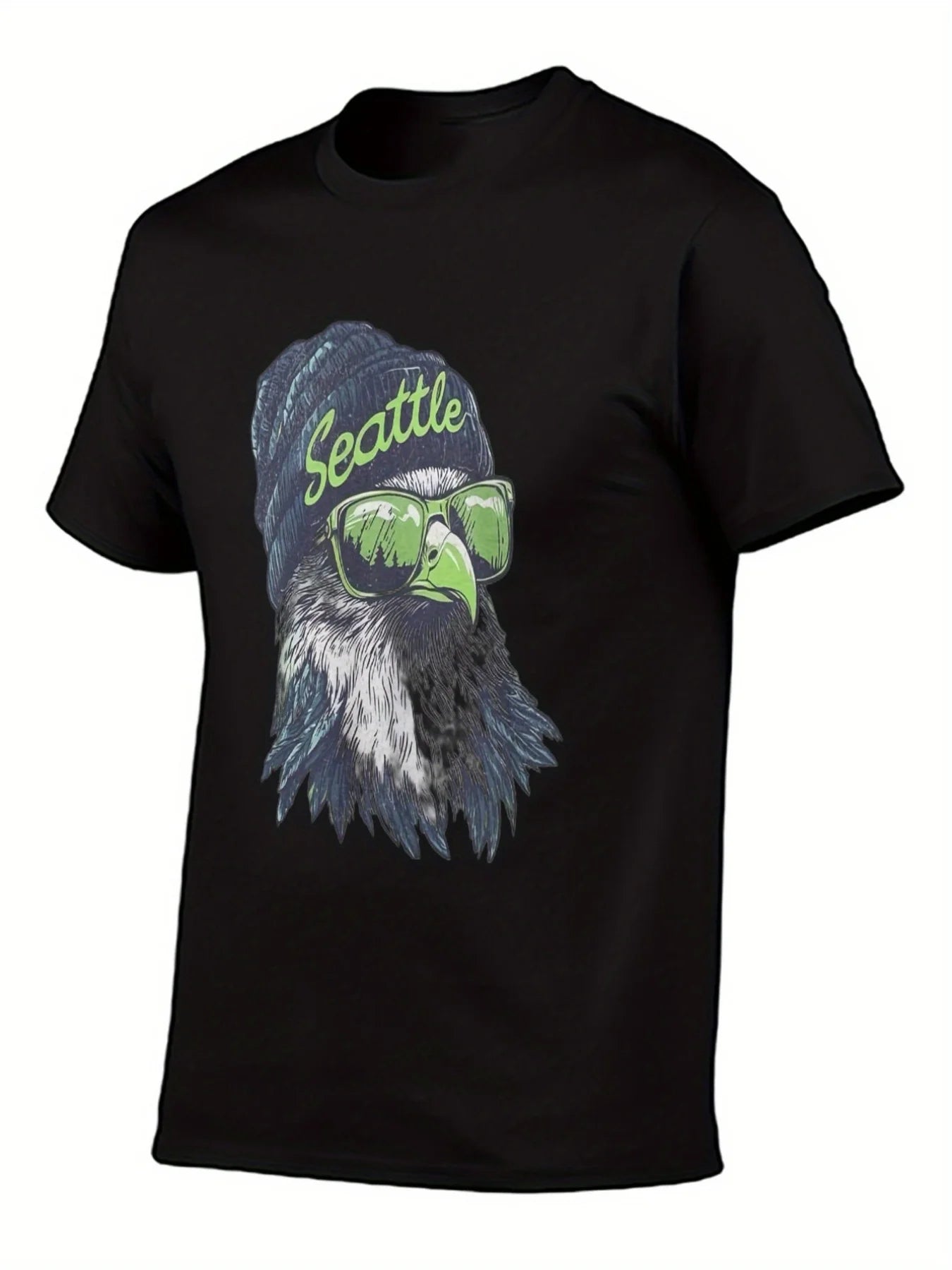 1pc Seattle 12th for Man T-Shirt - Seahawk Head Graphic with Fashion Glasses & Beanie Design White 180g Heavyweight Casual Tee