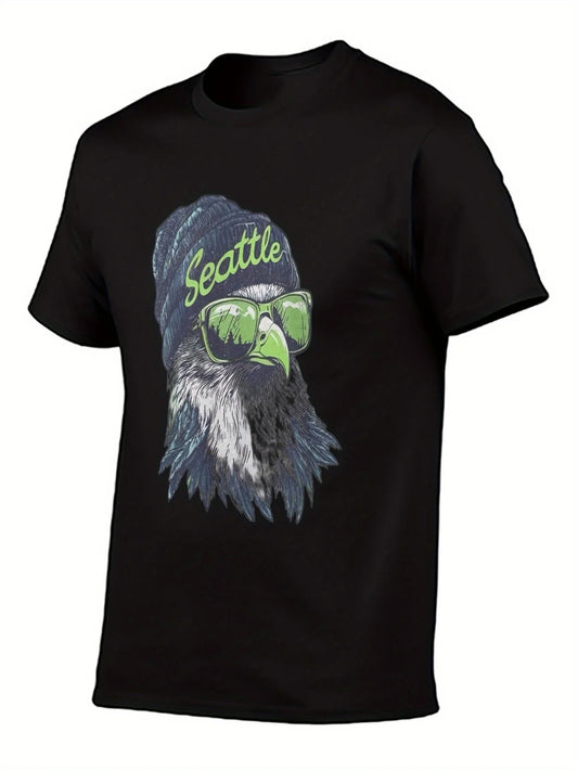 1pc Seattle 12th for Man T-Shirt - Seahawk Head Graphic with Fashion Glasses & Beanie Design White 180g Heavyweight Casual Tee