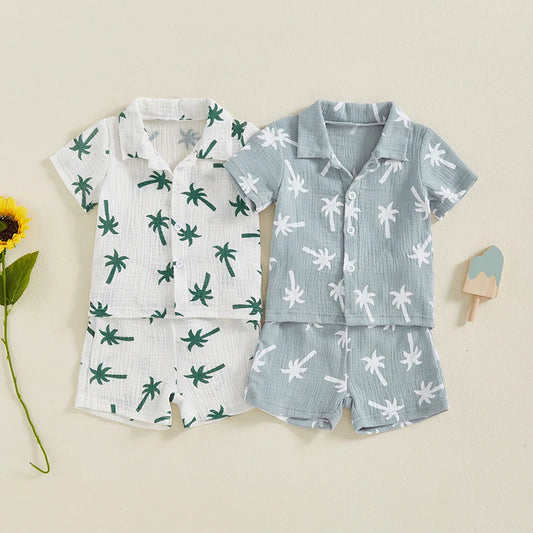 2024-12-31 Lioraitiin Baby Boys Summer Outfits Palm Tree Print Button up Short Sleeves T-Shirt and Elastic Shorts Clothes Set