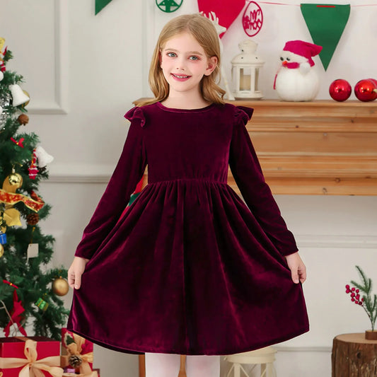 Girls Casual Velvet Dress Ruffled Long Sleeve Spring Fall Dress Evening Party Dress Winter Frilly Dresses For Little Girls
