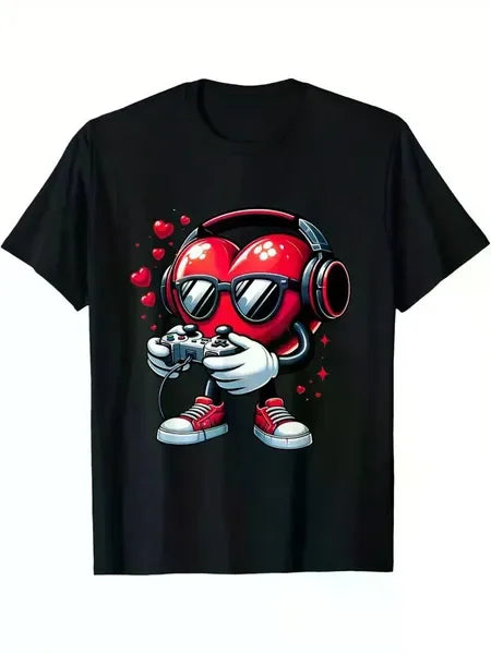 Valentine's Day Gamer T-Shirt - Fun Heart Design with Red Fashion Glasses & Headphones, Soft Cotton Fabric, for Men & Wo