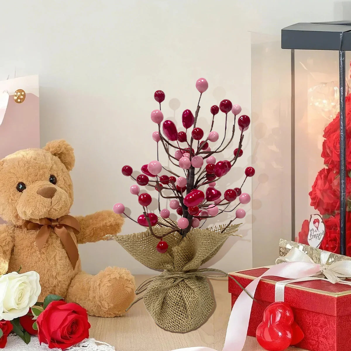 9in Valentine's Day Red Berries Tree with Burlap Base, Decorative Berries Tree Table Centerpiece for Valentine's Day
