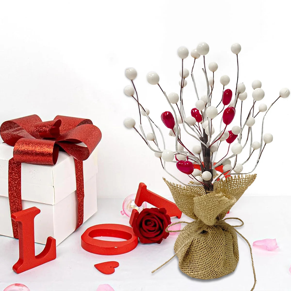 9in Valentine's Day Red Berries Tree with Burlap Base, Decorative Berries Tree Table Centerpiece for Valentine's Day