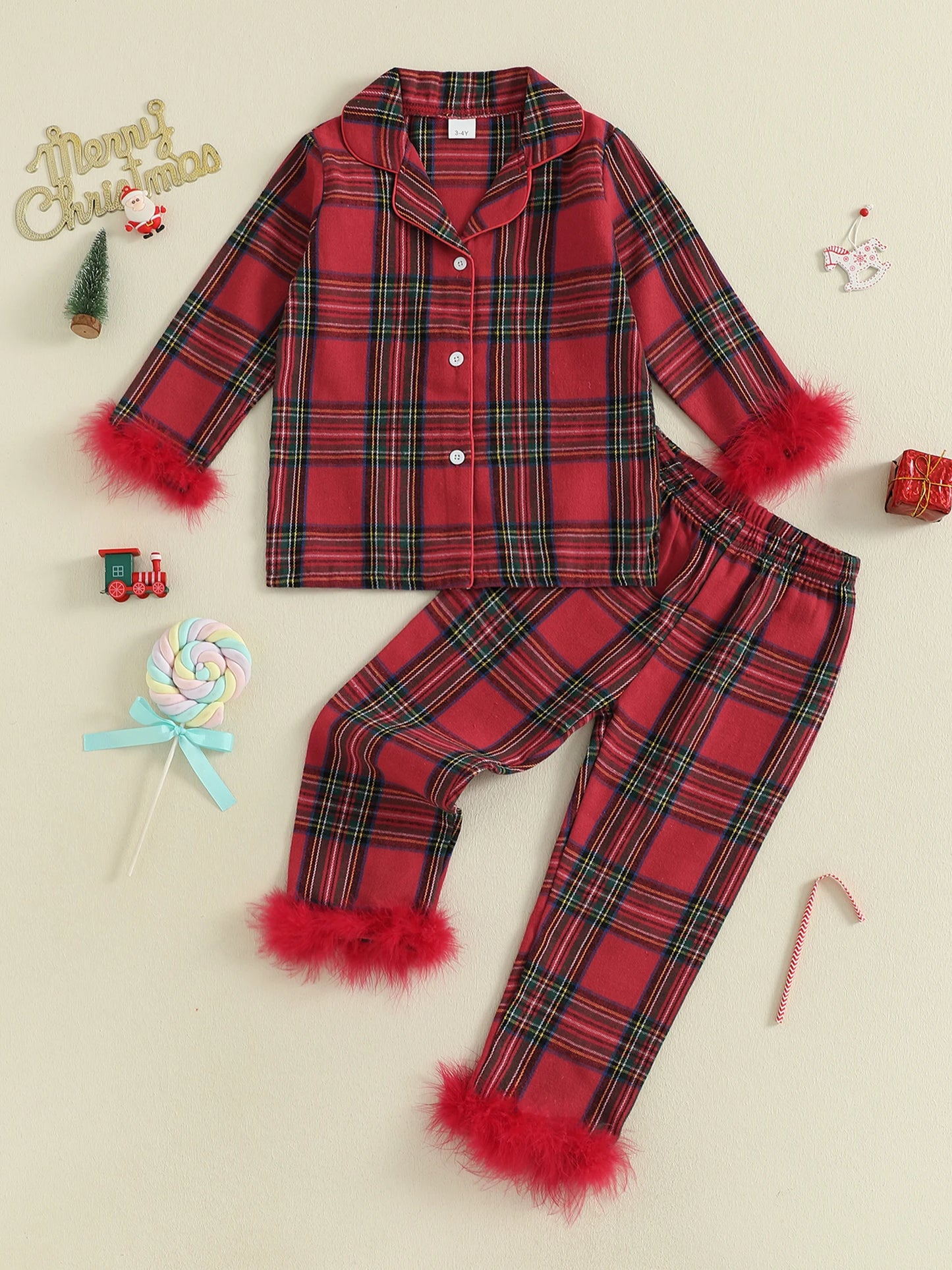 Cute Toddler Winter Plaid Pajama Set with Cozy Faux Fur Trim Long Sleeve Top and Elastic Waist Pants for Girls 2 Piece