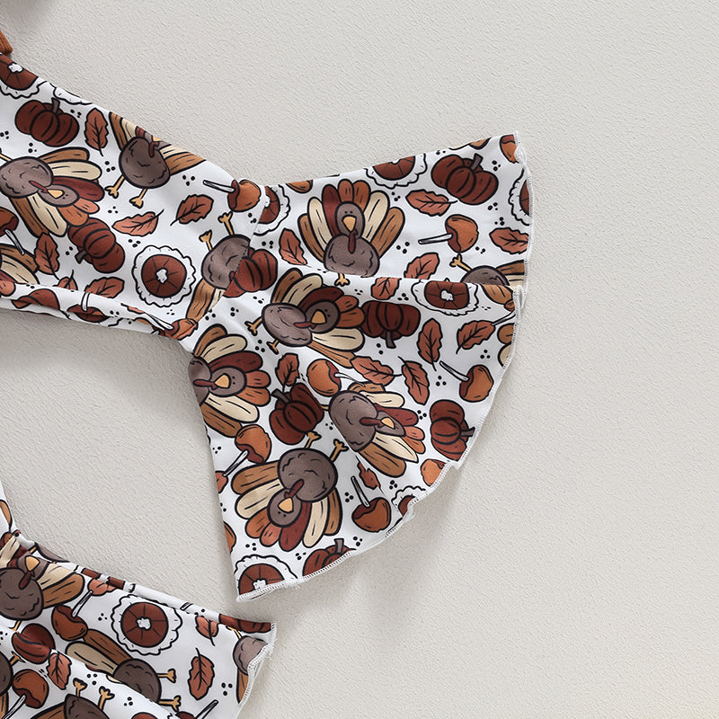 2023-07-28 Lioraitiin 0-5Years Baby Girl 2Pcs Thanksgiving Outfits Long Sleeve Sweatshirt Turkey Flare Pants Set