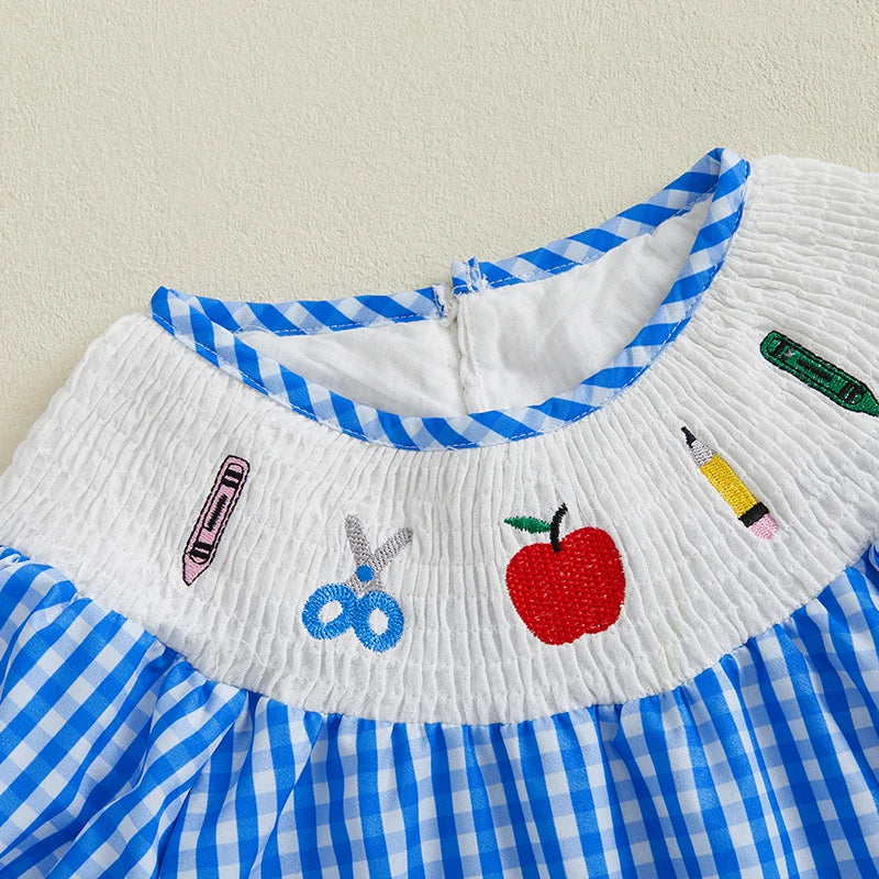 2025-02-24 Lioraitiin Little Girls Summer Sweet Dress Short Sleeve Round Neck Embroidery Plaid Print A-line Dresses