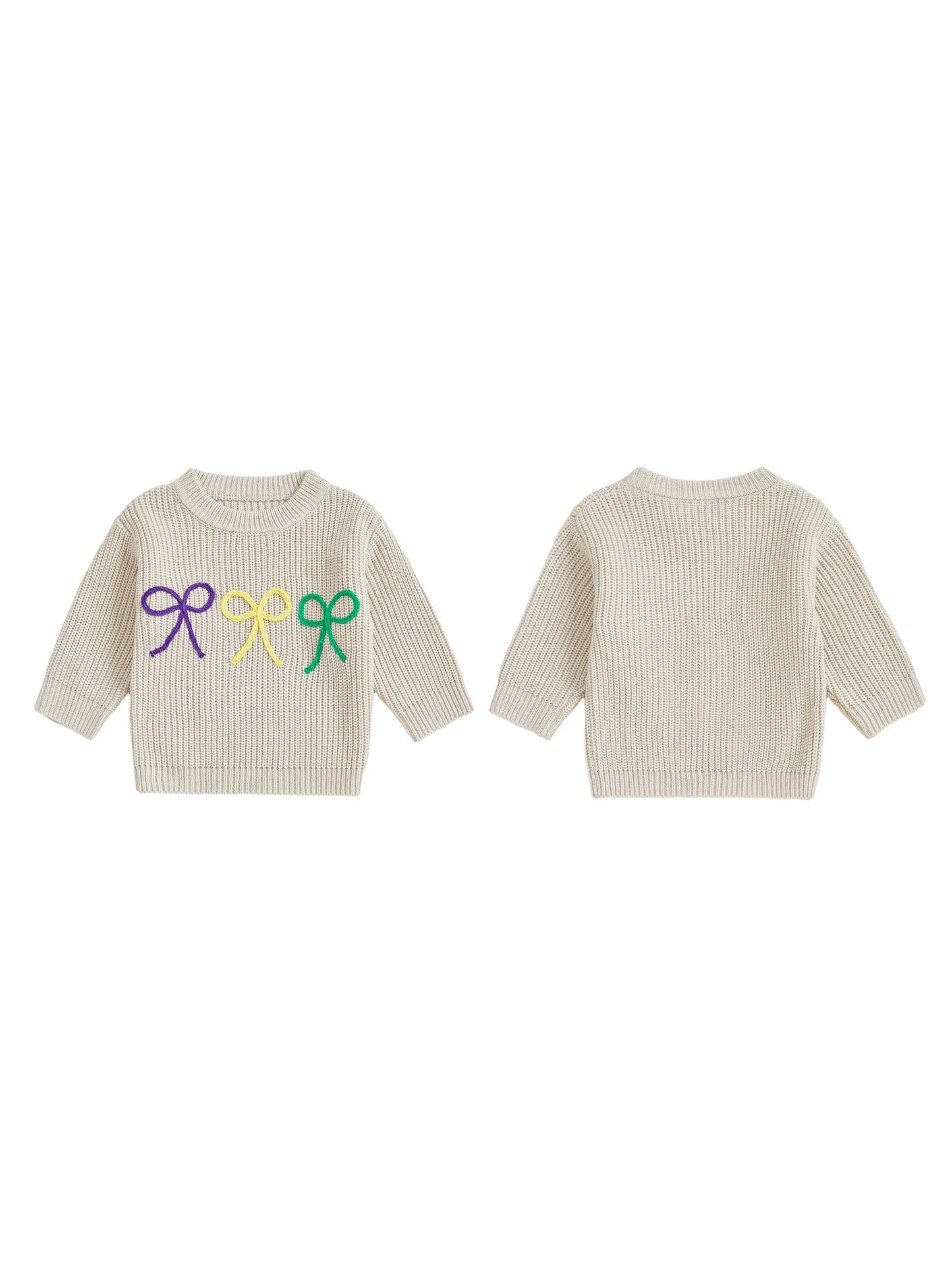 Mardi Gras Toddler Girl Sweater with Embroidered Bow Detail Crew Neck Long Sleeves and Chunky Knit Design for Cozy Style