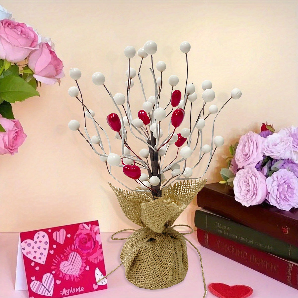 9in Valentine's Day Red Berries Tree with Burlap Base, Decorative Berries Tree Table Centerpiece for Valentine's Day